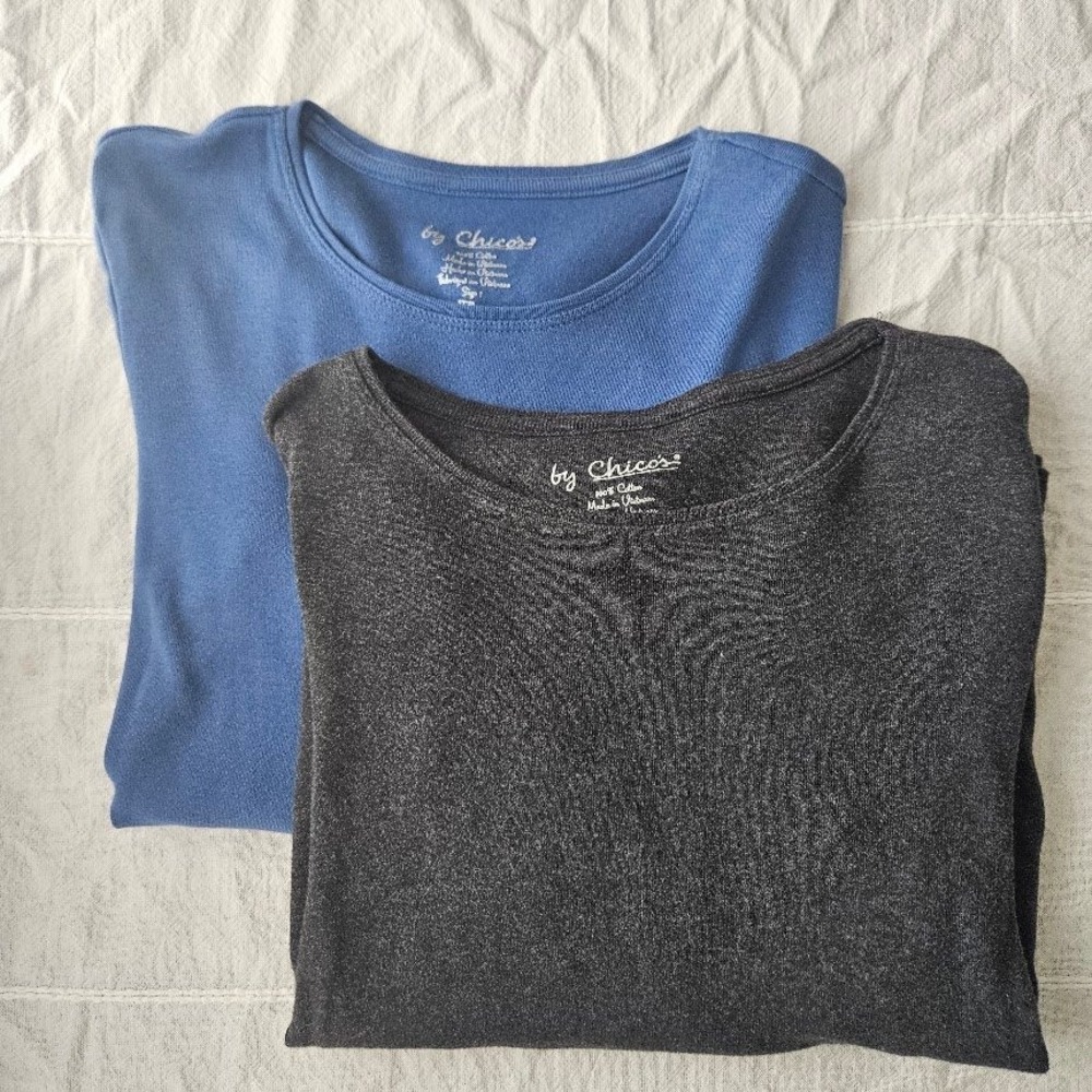 Chicos Womens 100% Cotton Long Sleeve Tee Bundle Blue Gray Size 1 M 8 10